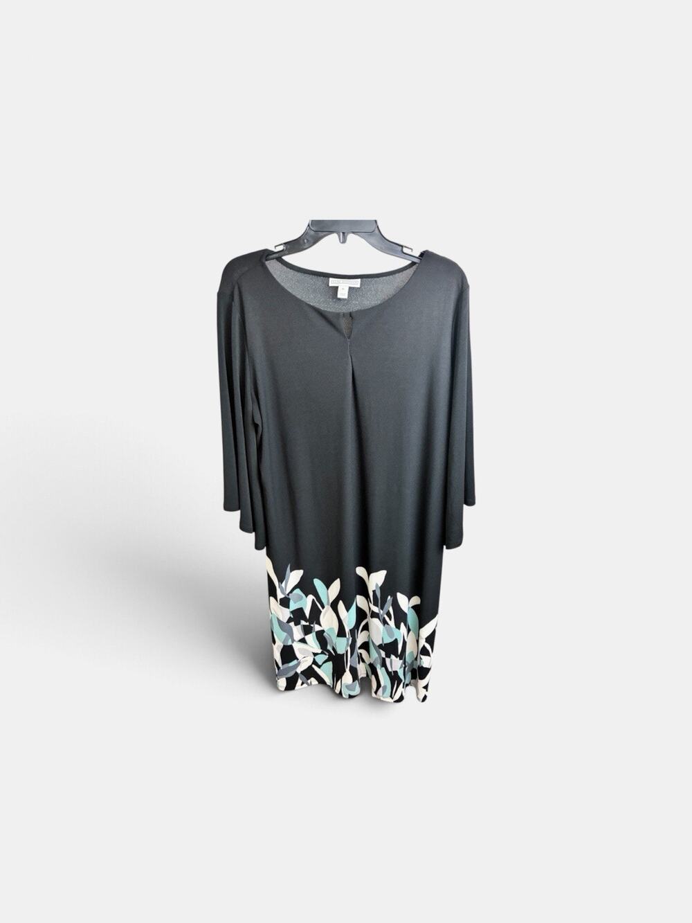 Dana Buchman Black Leaf Print Bell Sleeve Boat Neck Knee Length A-Line Dress XL